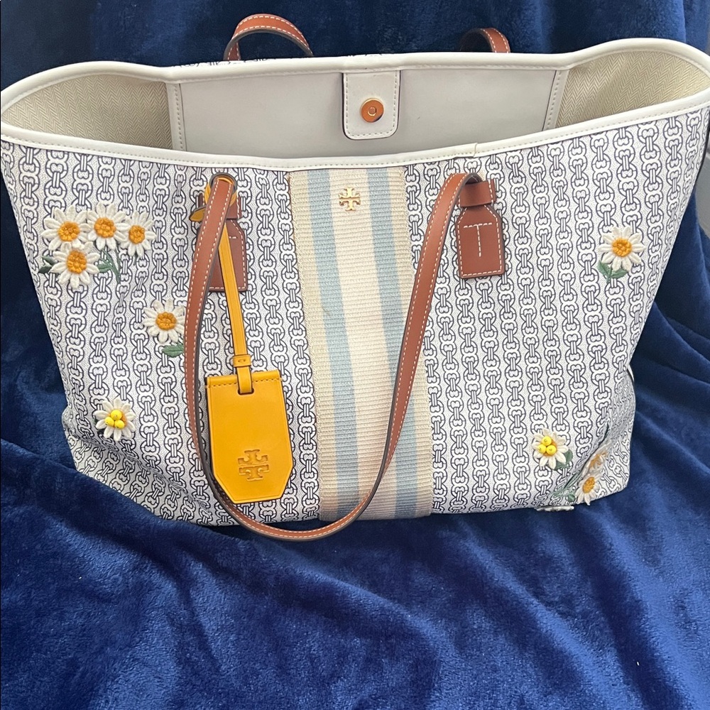 Tory Burch Canvas Daisy Tote with Brown Leather Straps and Yellow Tag